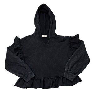 Anthropologie T.La Ruffle‎ Hem Black Ruffled charcoal Hoodie made in USA - Small